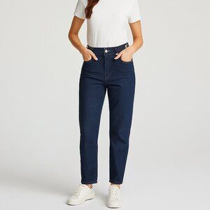 Express Super High Rise Mom Jeans Dark Wash Silver Detail 4R cropped